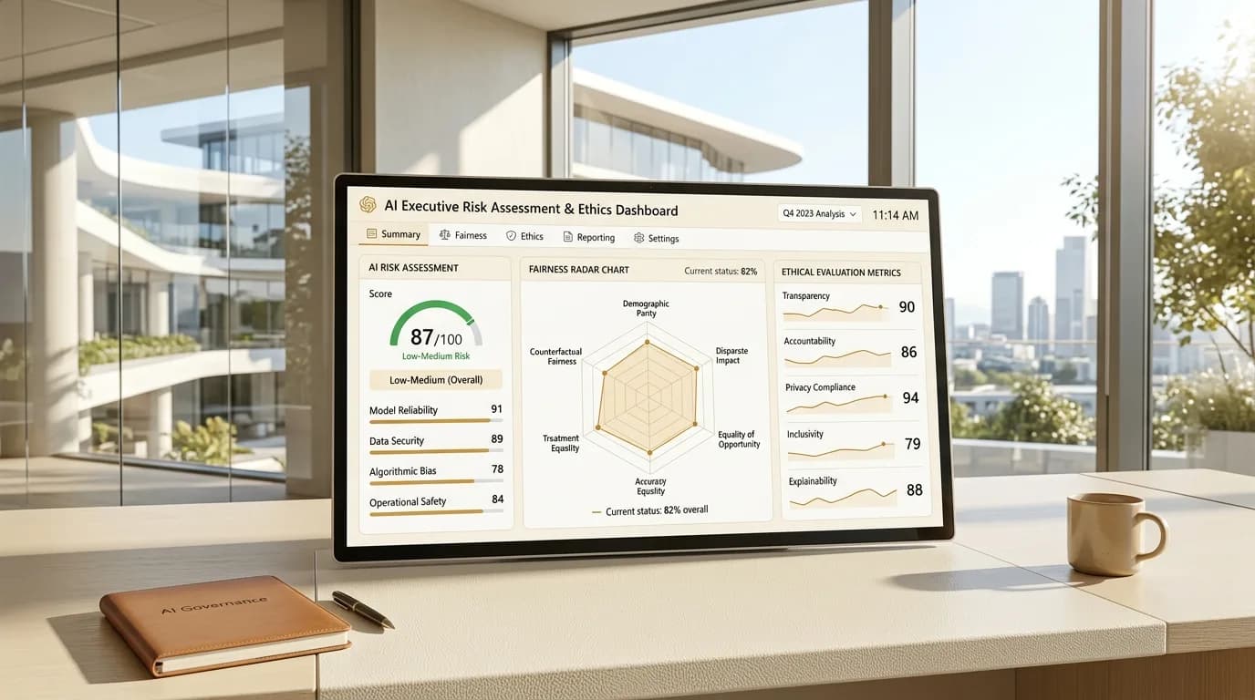 Risk & Fairness Studio - Executive multi-dimensional risk evaluation, bias radar, and compliance metrics.