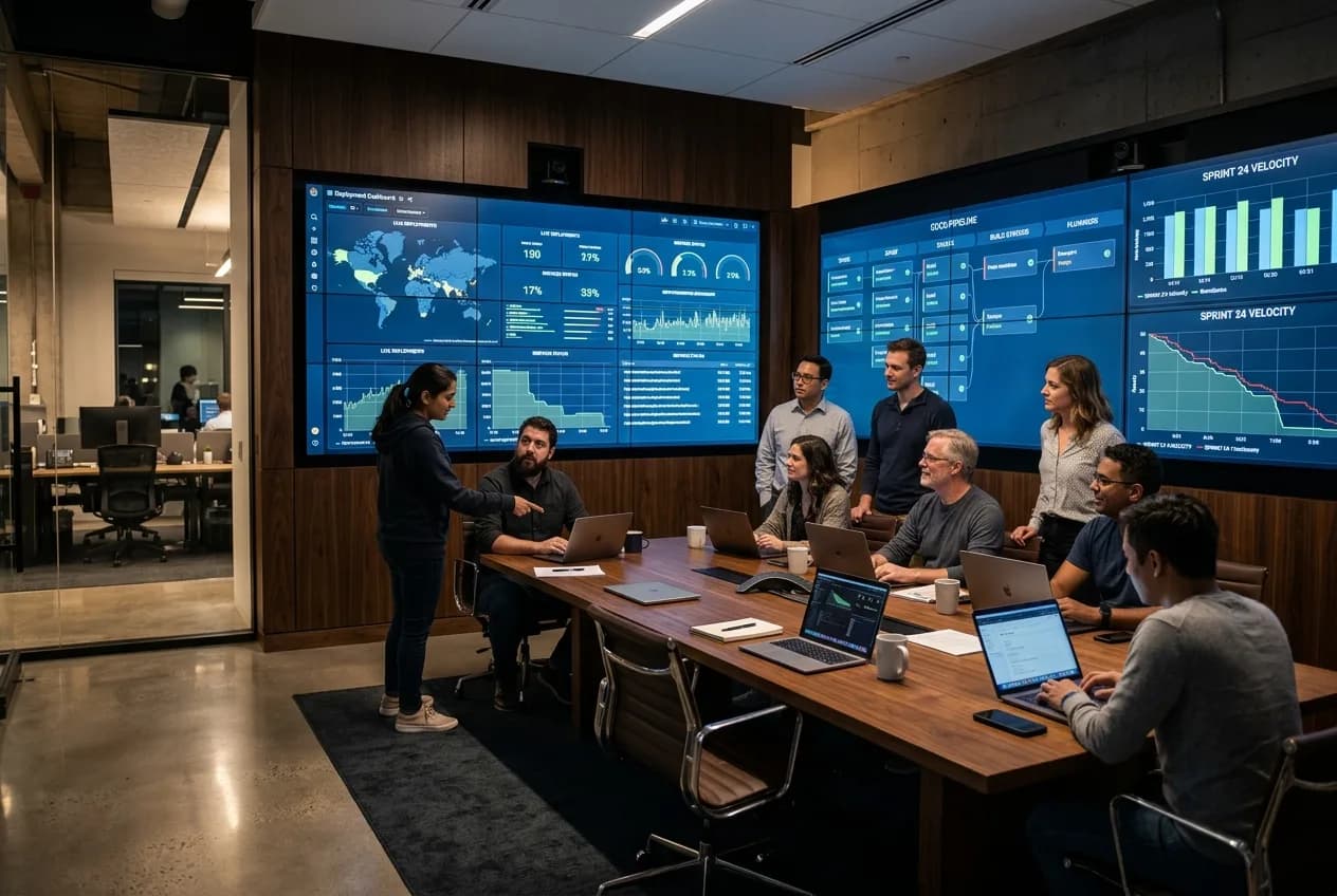 GlideFlow engineering war room with deployment dashboards and sprint velocity metrics